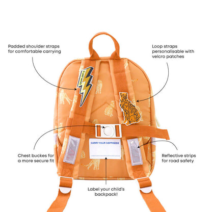 The various features of an orange preschool bag.