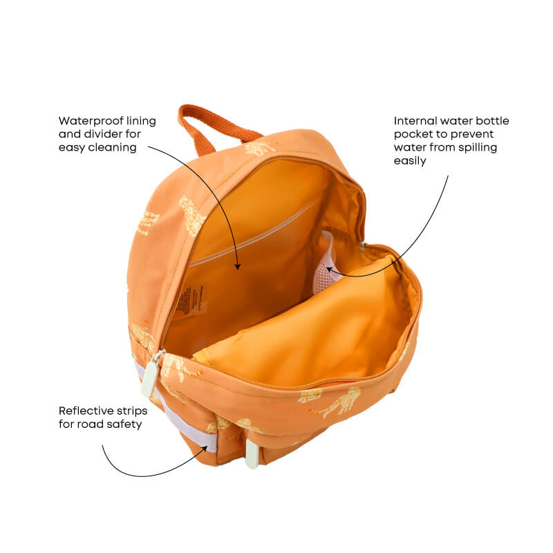 Infographic showing the various features of an orange preschool bag.