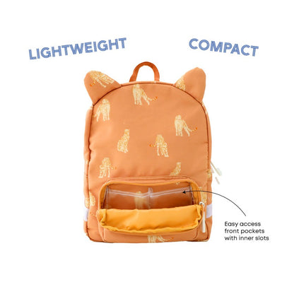 Infographic showing the inner slots in the front pocket of an orange preschool bag.