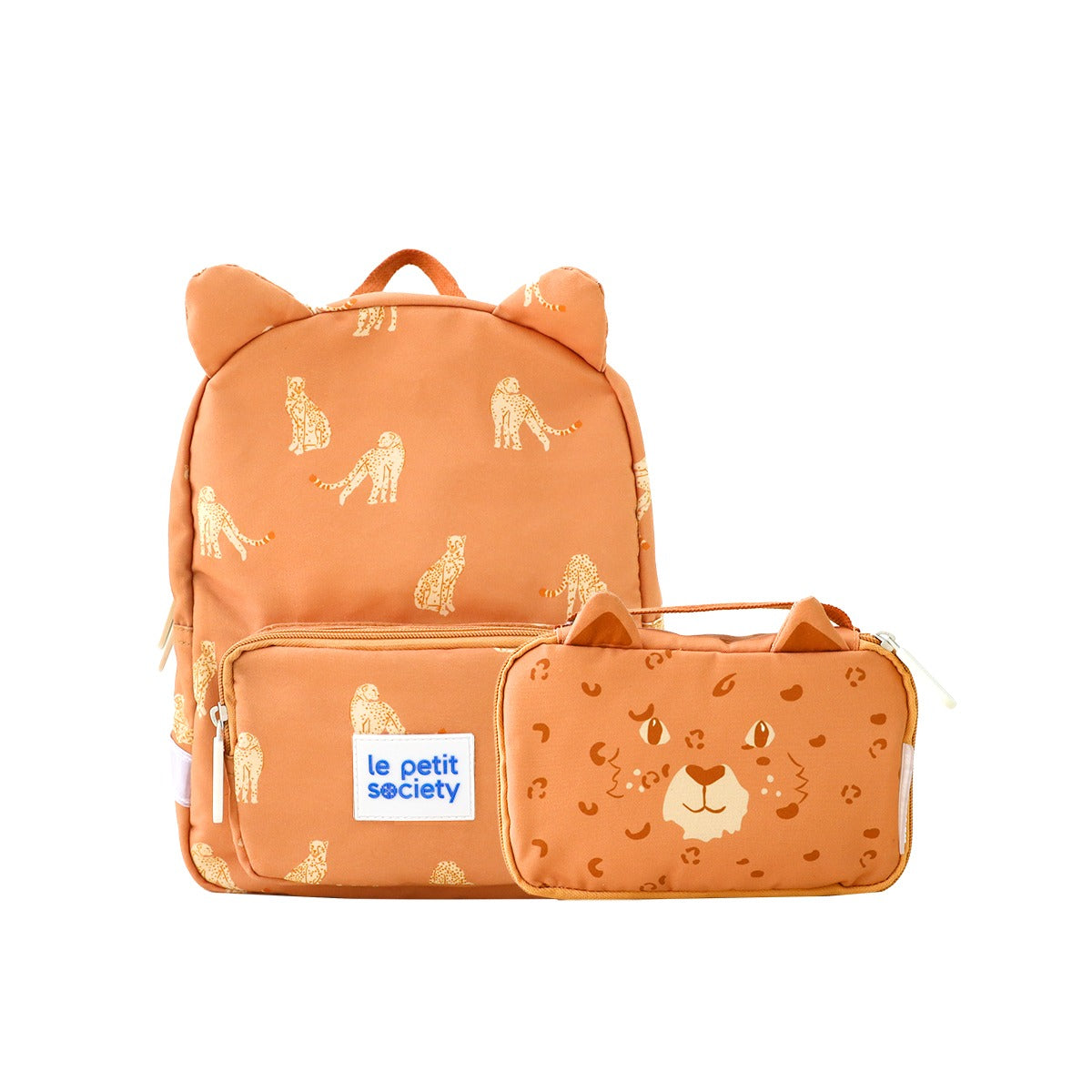 An orange preschool bag and pencil case bundle with a tiger print design.