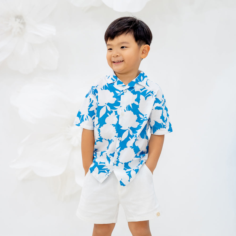 Garden Series - Boys Camp Collar Shirt in Blue Floral by Le Petit Society