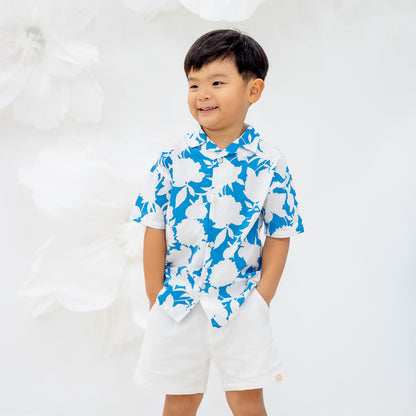 Garden Series - Boys Camp Collar Shirt in Blue Floral by Le Petit Society