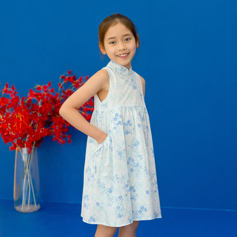 Chinese Motif Series - Girls Cheongsam in Blue Floral Motif by Le Petit Society — image 6