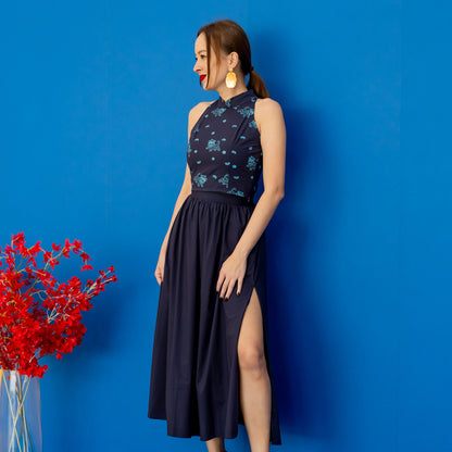Lion Dance Series - Ladies Slit Midi Skirt in Navy by Le Petit Society — image 8