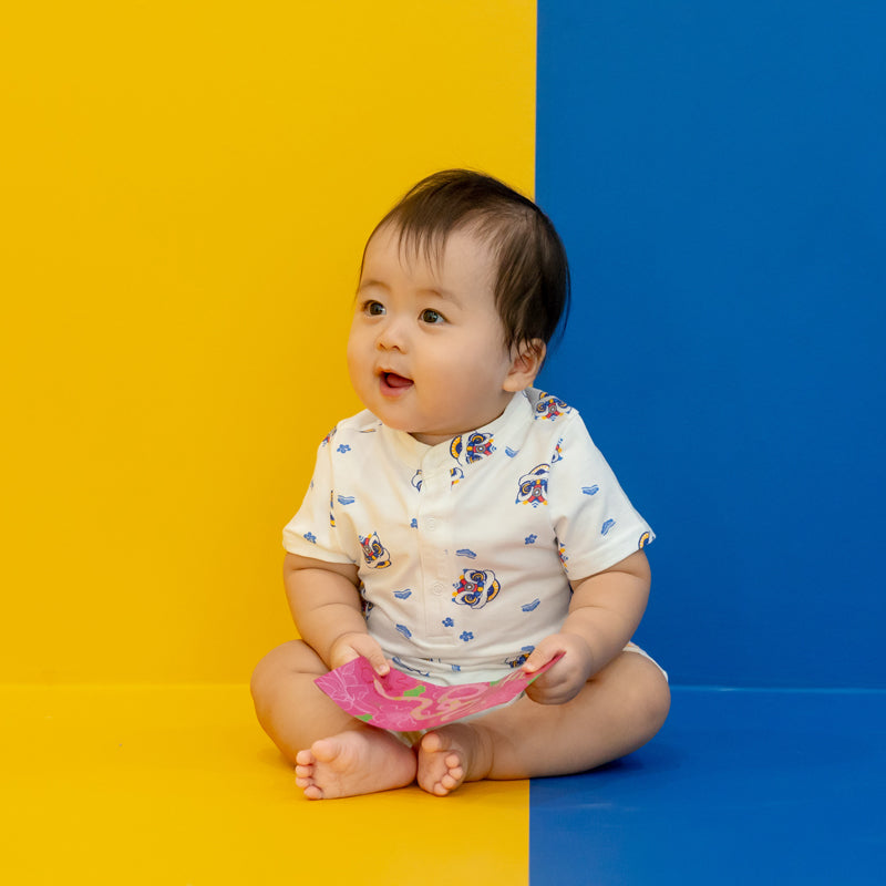 Lion Dance Series - Baby Boy Jersey Romper in White by Le Petit Society