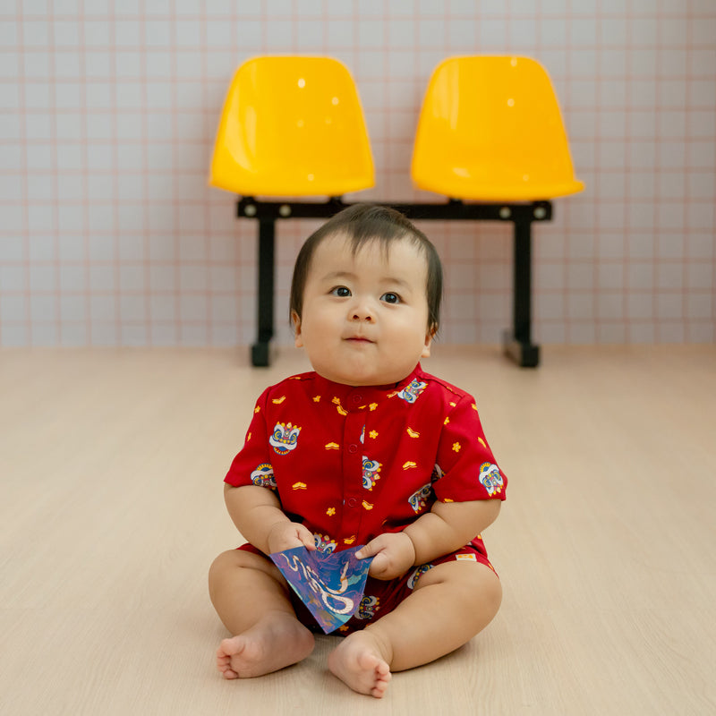 Lion Dance Series - Baby Boy Shirt Romper in Red by Le Petit Society — image 6