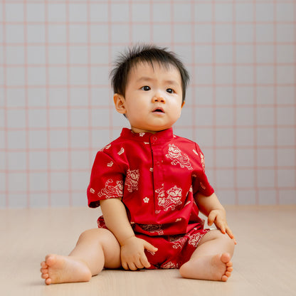 Lion Dance Series - Baby Boy Shirt Romper in Red Lion Print by Le Petit Society — image 8