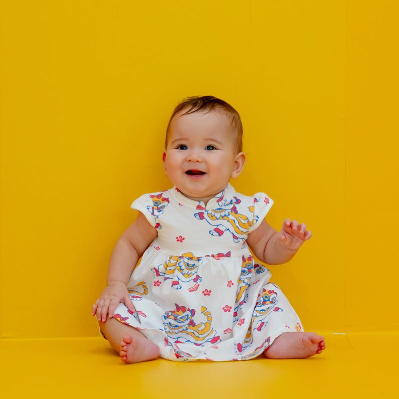 Lion Dance Series - Baby Girl Cheongsam in White Lion Print by Le Petit Society — image 8