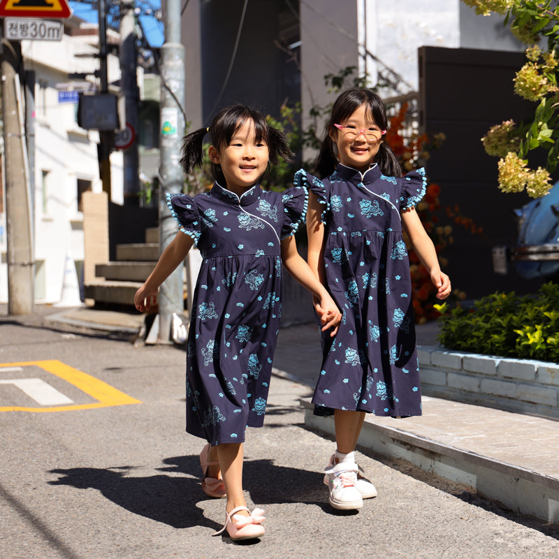 Lion Dance Series - Girls Cheongsam in Navy Lion Print by Le Petit Society — image 8