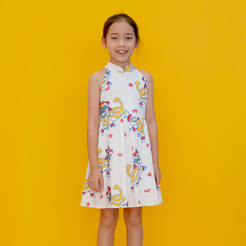 Lion Dance Series - Girls Halter Dress in White Lion Print by Le Petit Society