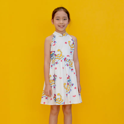Lion Dance Series - Girls Halter Dress in White Lion Print by Le Petit Society — image 7