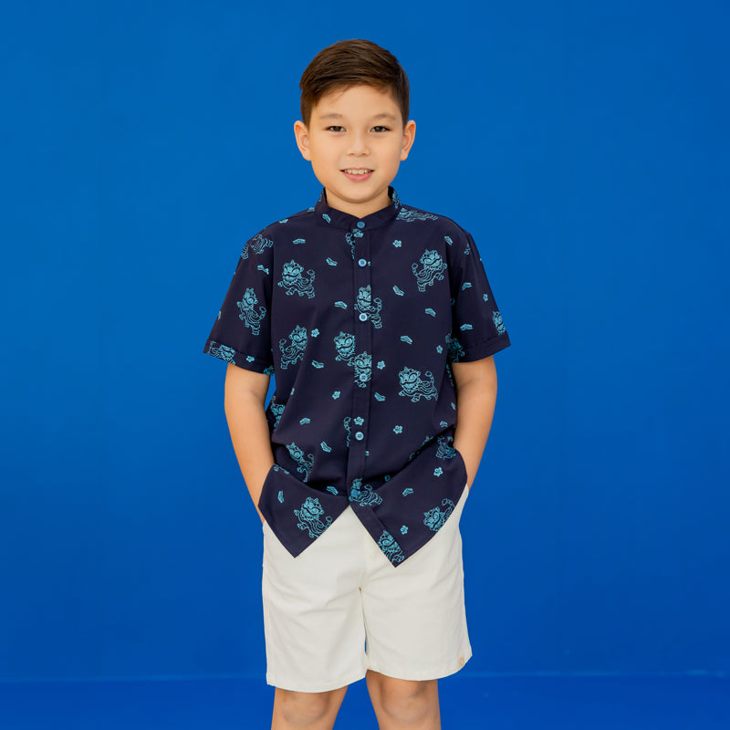 Lion Dance Series - Boys Shirt in Navy Lion Print by Le Petit Society — image 2