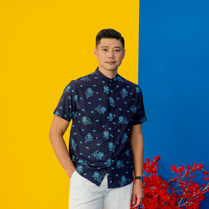 Lion Dance Series - Men's Shirt in Navy Lion Print (Classic Fit) by Le Petit Society