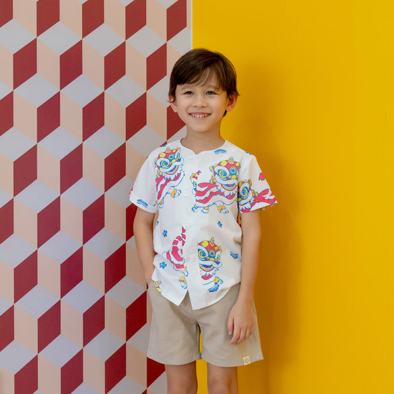 Lion Dance Series - Boys Shirt in White Lion Print by Le Petit Society — image 13