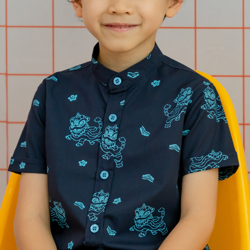 Lion Dance Series - Boys Shirt in Navy Lion Print by Le Petit Society — image 4