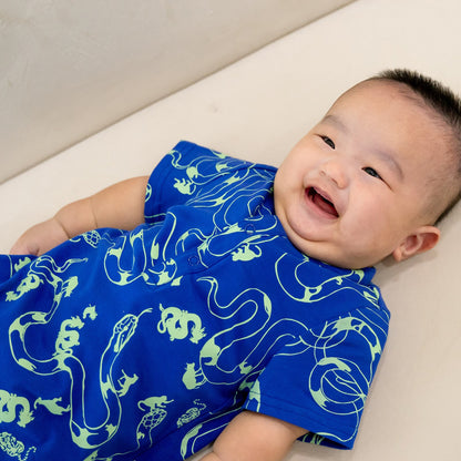 Zodiac Series - Baby Boy Jersey Romper in Blue Snake Print by Le Petit Society — image 2