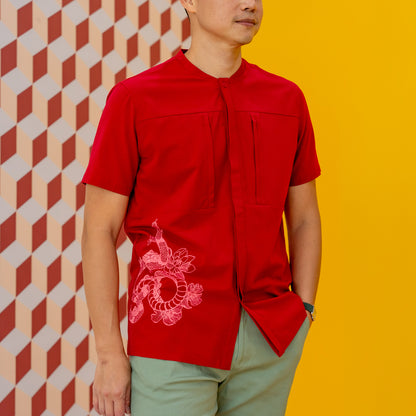Zodiac Series - Men's Camp Collar Shirt in Red with Double Pockets (Relaxed Fit) by Le Petit Society — image 2