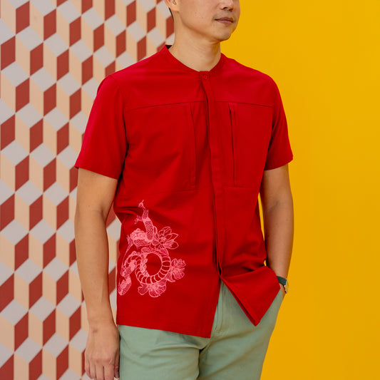 Zodiac Series - Men's Camp Collar Shirt in Red with Double Pockets (Relaxed Fit) by Le Petit Society — image 2