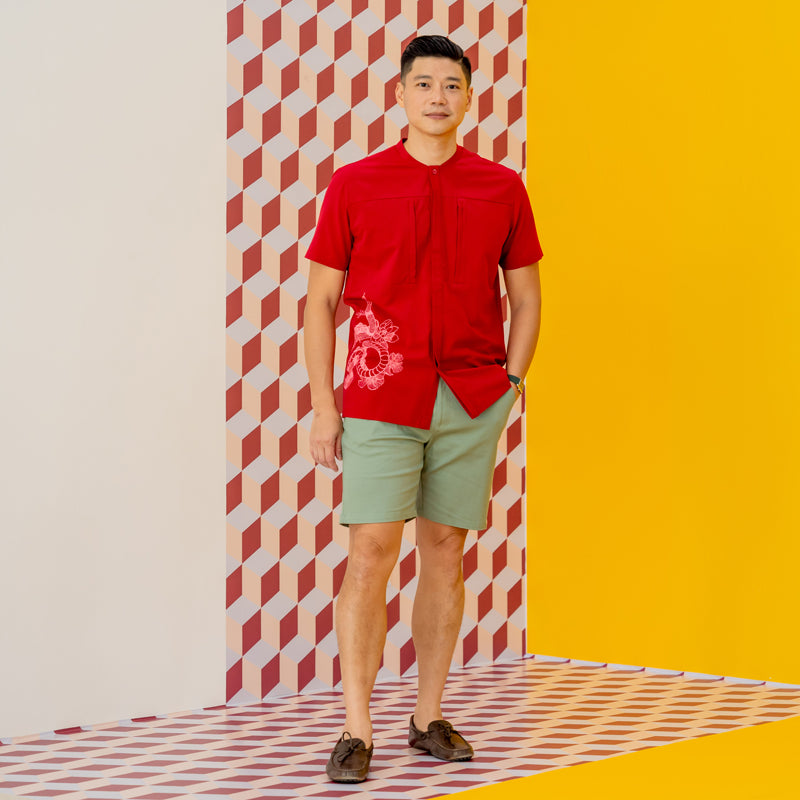 Zodiac Series - Men's Camp Collar Shirt in Red with Double Pockets (Relaxed Fit) by Le Petit Society — image 6