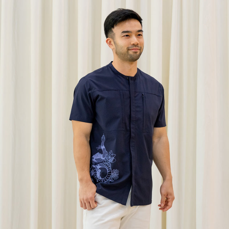 Zodiac Series - Men's Camp Collar Shirt in Navy with Double Pockets (Relaxed Fit) by Le Petit Society