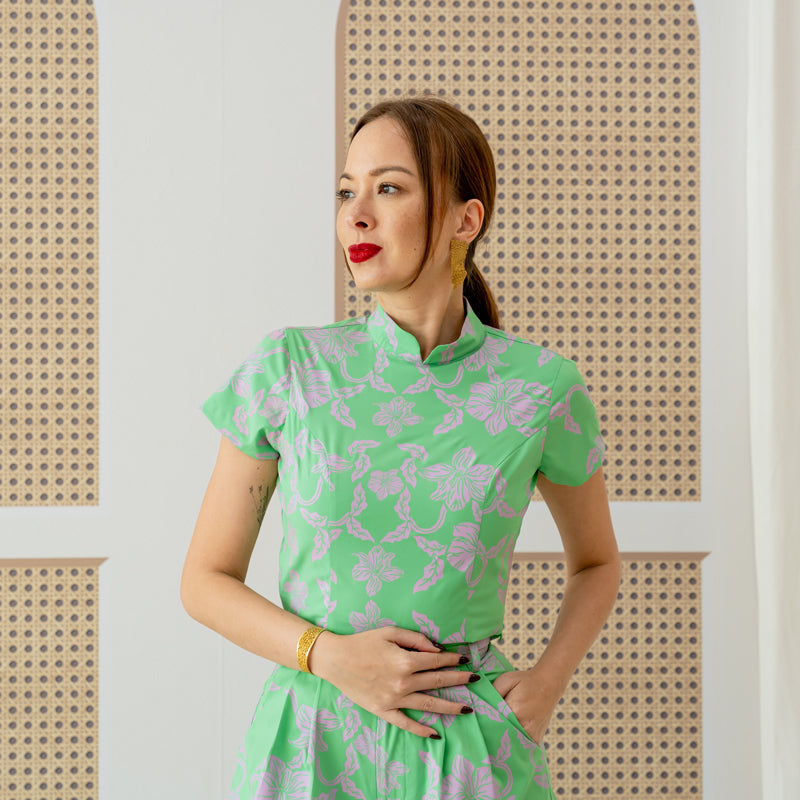 Heritage Series - Ladies Cheongsam Top in Green Orchid Print by Le Petit Society — image 5