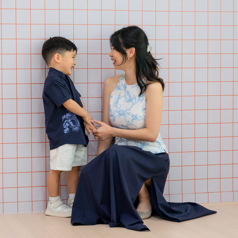 Lion Dance Series - Ladies Slit Midi Skirt in Navy by Le Petit Society — image 4