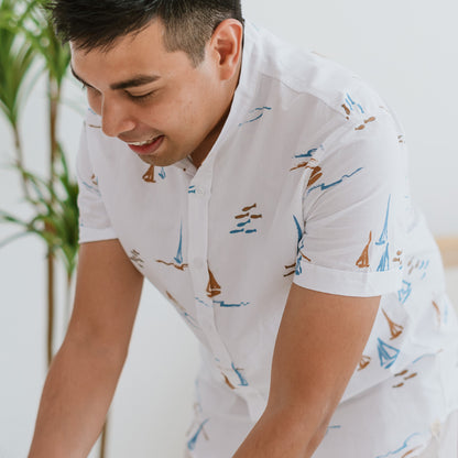 Resort Series - Men's White Shirt in Sail Boat Print by Le Petit Society — image 5