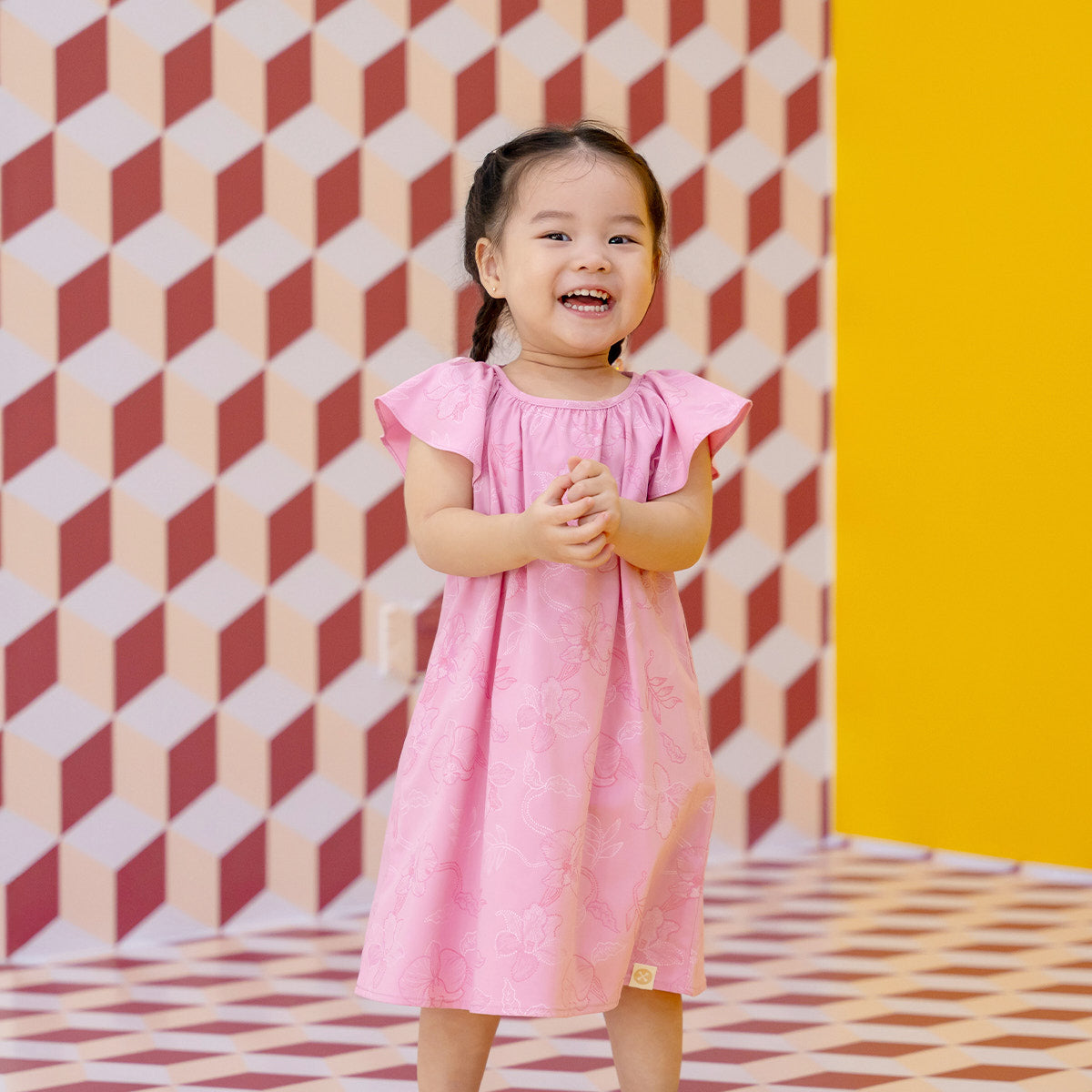 Heritage Series - Girls Dress with Pom Poms in Pink Orchid Print by Le Petit Society — image 12
