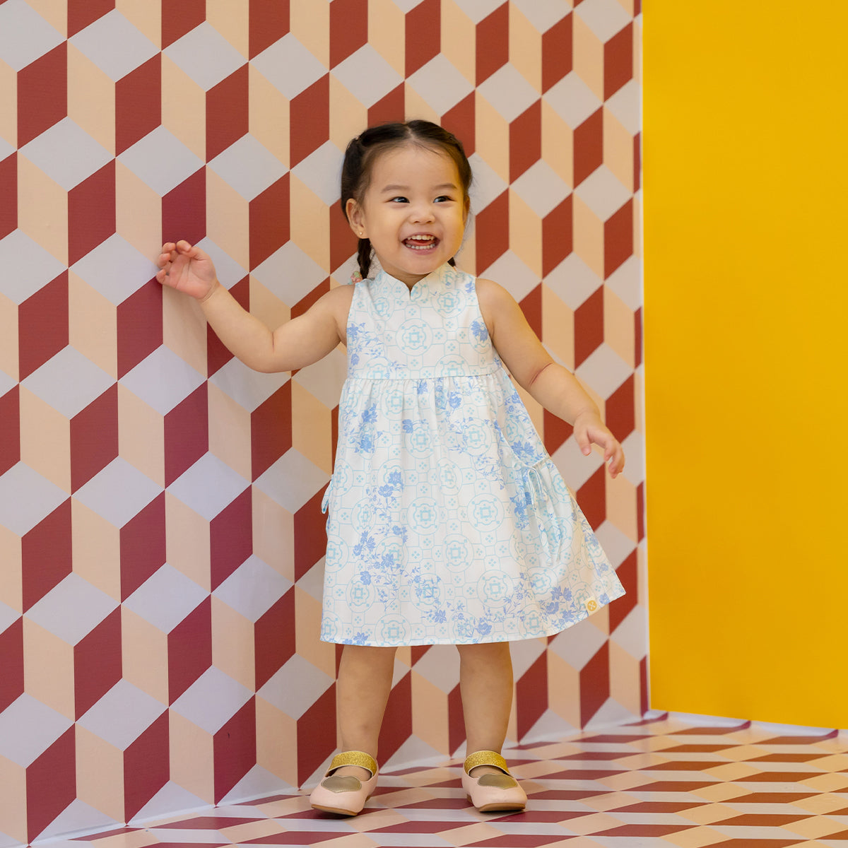 Chinese Motif Series - Girls Cheongsam in Blue Floral Motif by Le Petit Society — image 3