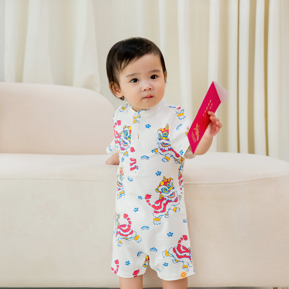Lion Dance Series - Baby Boy Shirt Romper in White Lion Print by Le Petit Society — image 7