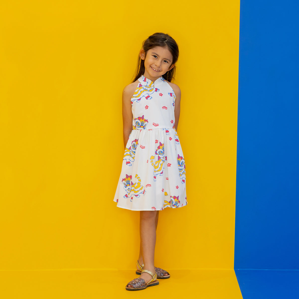 Lion Dance Series - Girls Halter Dress in White Lion Print by Le Petit Society — image 4