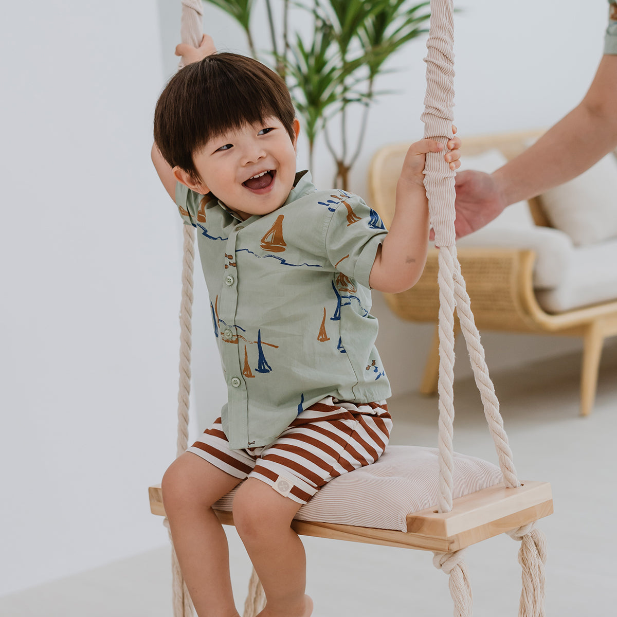 Resort Series - Kids Terry Shorts in Brown Stripes by Le Petit Society — image 2