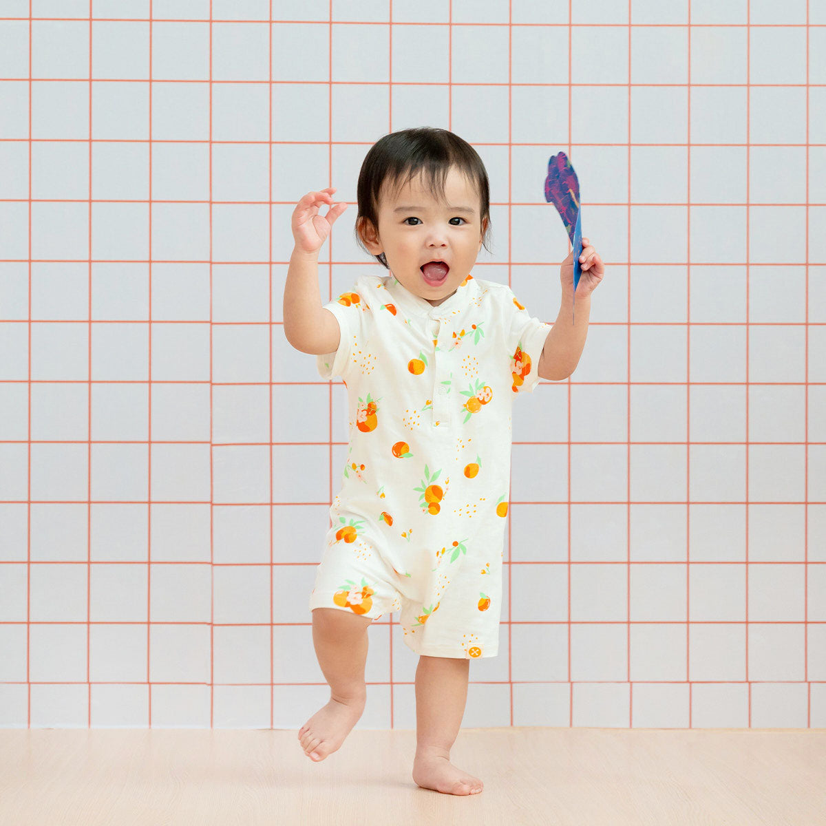 Mandarin Orange Series - Baby Boy Jersey Romper in White by Le Petit Society — image 10