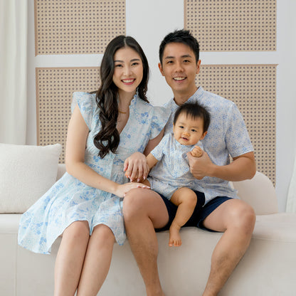 Chinese Motif Series - Baby Boy Jersey Romper in Blue Motif by Le Petit Society — image 2