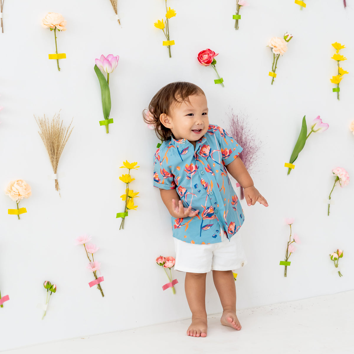 Garden Series - Boys Blue Shirt in Floral Print (Personalisable) by Le Petit Society