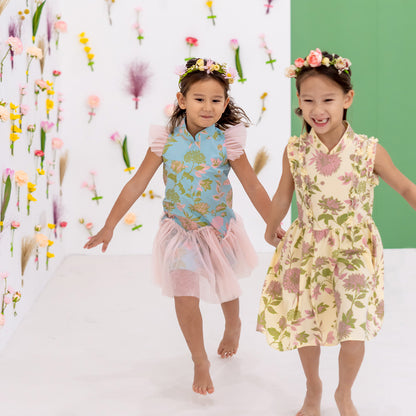 Garden Series - Girls Ruffled Dress in Yellow Chrysanthemum Print by Le Petit Society — image 8