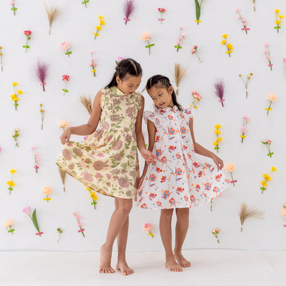 Garden Series - Girls Ruffled Dress in Yellow Chrysanthemum Print by Le Petit Society — image 3