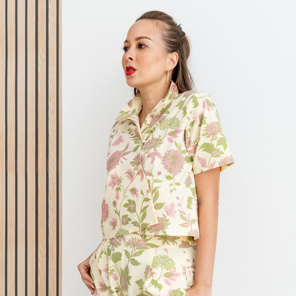 Garden Series - Ladies Wrap Top in Yellow Chrysanthemum Print by Le Petit Society — image 4
