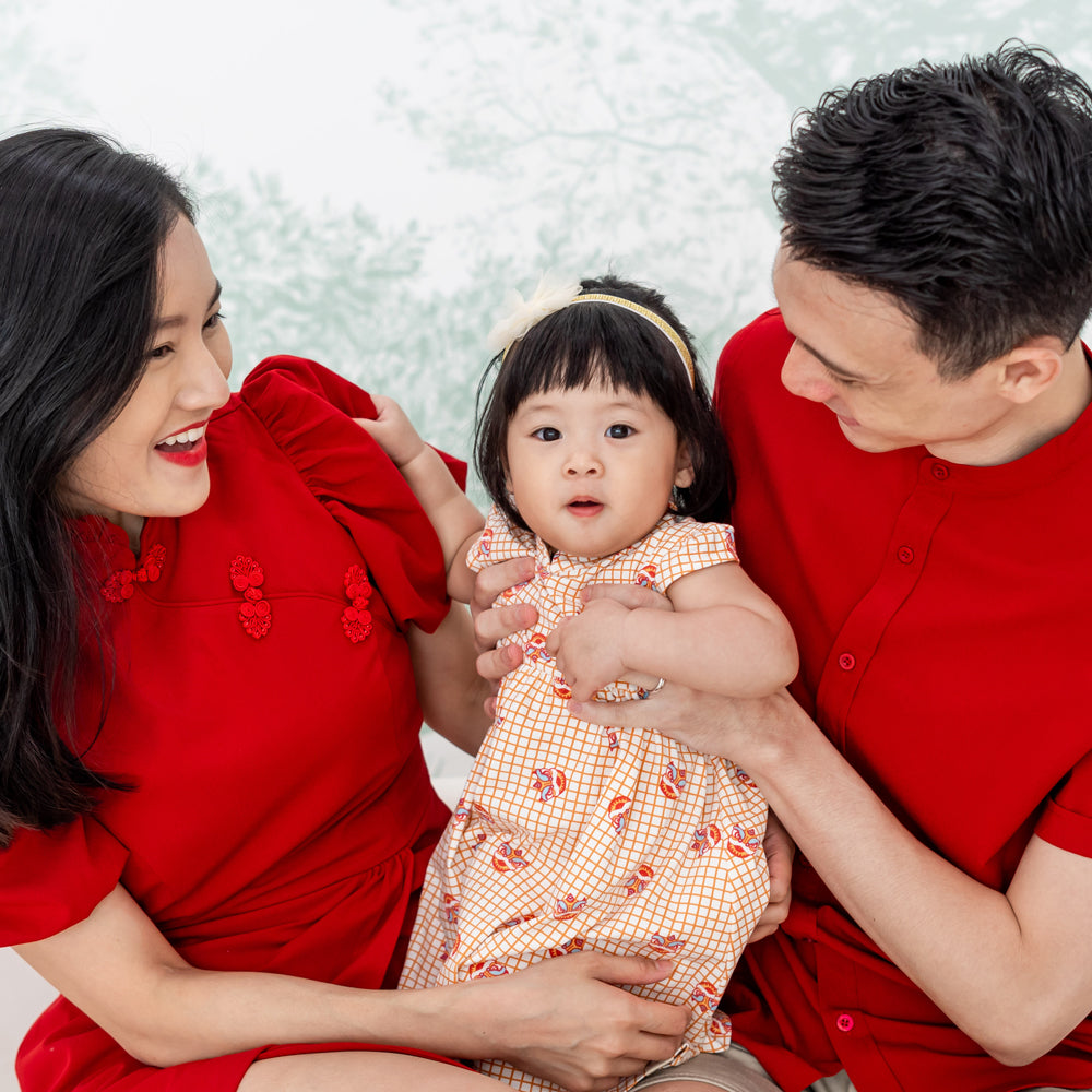 Lion Dance Series - Baby Girl Jersey Dress in Orange Grid Print (Personalisable) by Le Petit Society — image 3