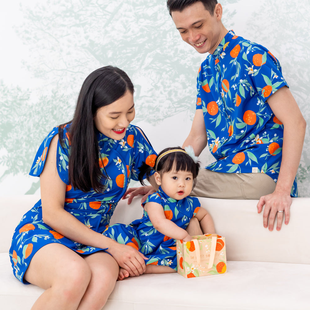 Mandarin Orange Series - Baby Girl Dress in Blue Floral Orange Print by Le Petit Society — image 4