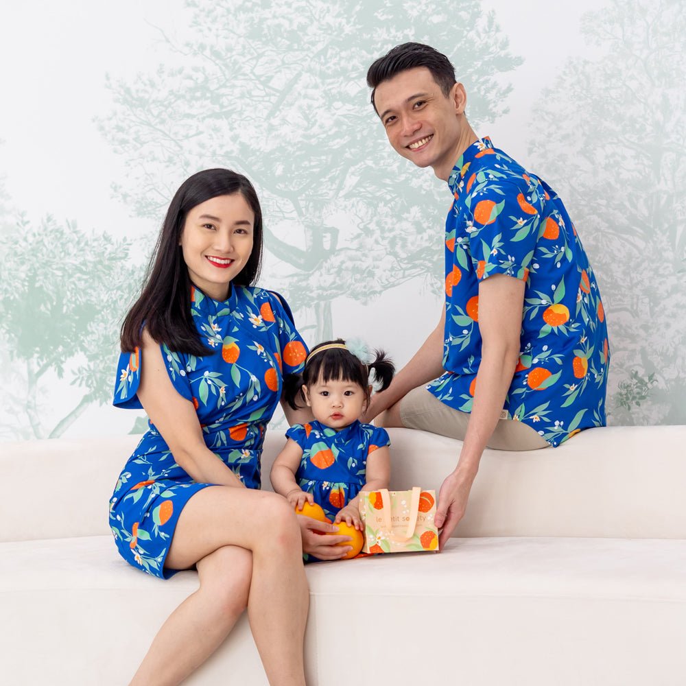 Mandarin Orange Series - Baby Girl Dress in Blue Floral Orange Print by Le Petit Society — image 2