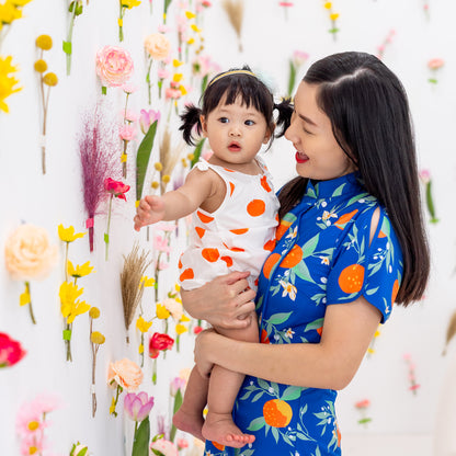 Mandarin Orange Series - Ladies Mini Dress in Blue Floral Orange Print by Le Petit Society — image 7