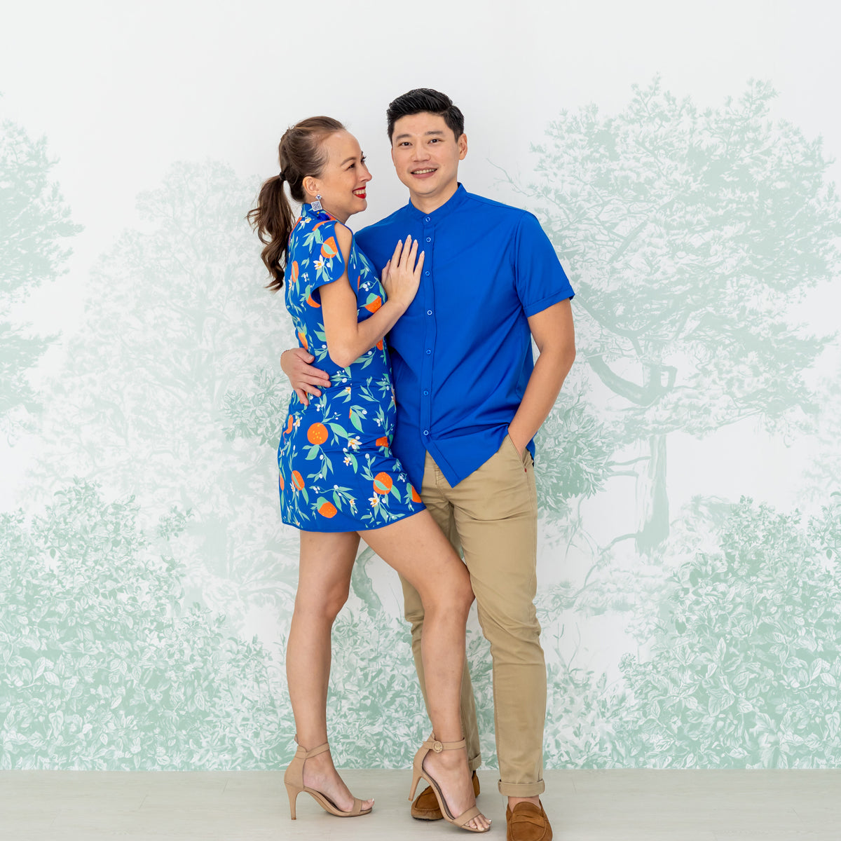 Mandarin Orange Series - Ladies Mini Dress in Blue Floral Orange Print by Le Petit Society — image 3