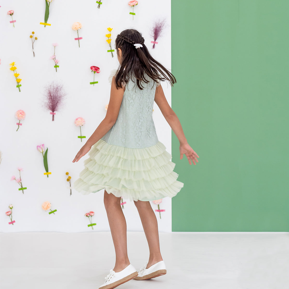 Spring Series - Girls Tiered Tulle Lace Dress in Sage by Le Petit Society — image 7