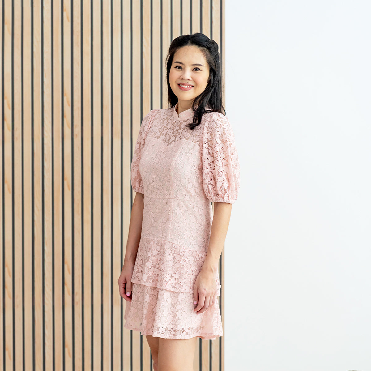Spring Series - Ladies Puff Sleeve Lace Dress in Pink by Le Petit Society