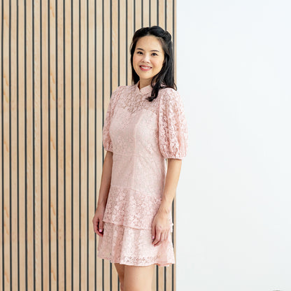 Spring Series - Ladies Puff Sleeve Lace Dress in Pink by Le Petit Society