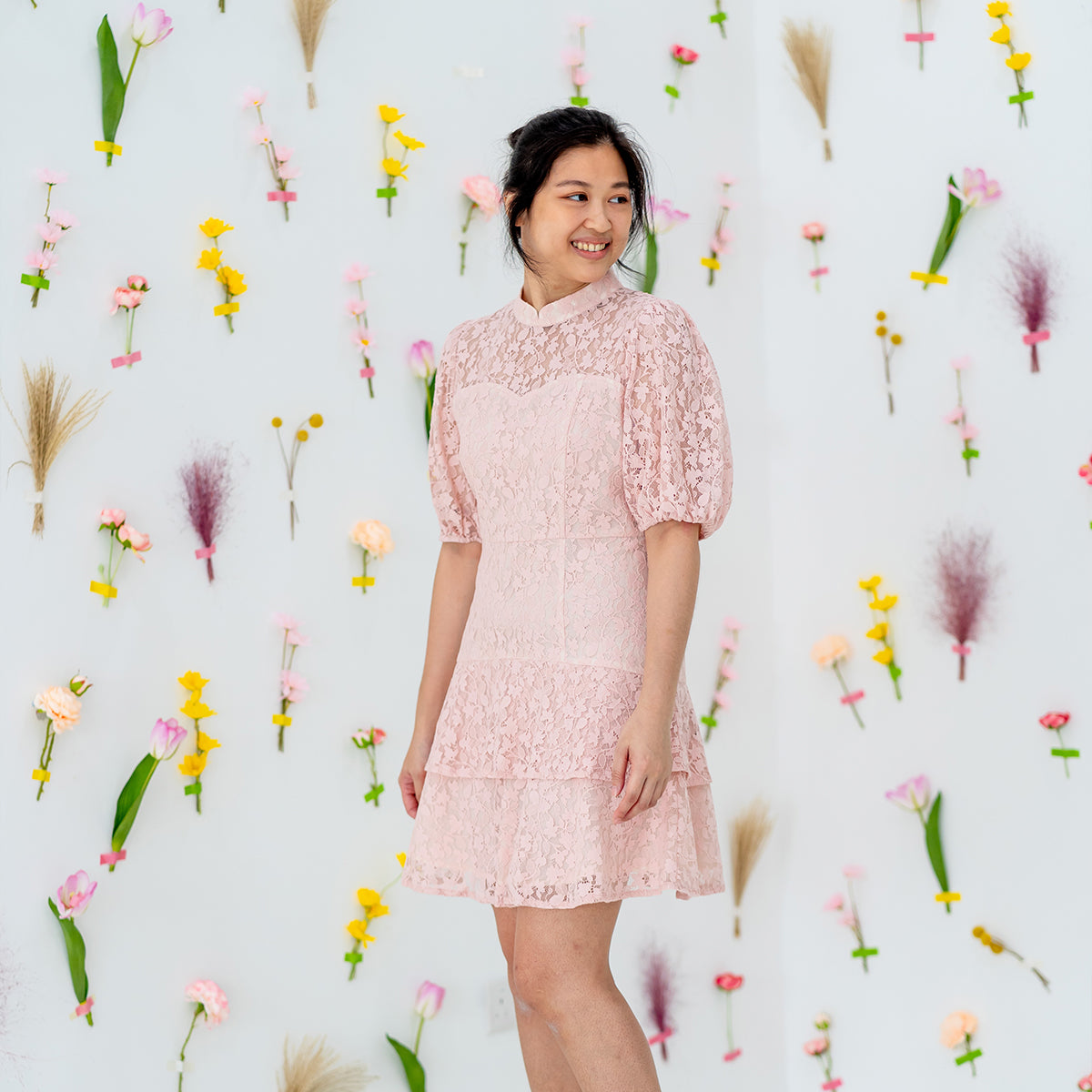 Spring Series - Ladies Puff Sleeve Lace Dress in Pink by Le Petit Society — image 4