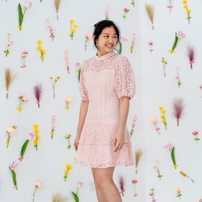Spring Series - Ladies Puff Sleeve Lace Dress in Pink by Le Petit Society — image 4