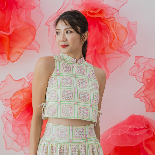 Heritage Series - Ladies Cheongsam Top in Beige Peranakan Print by Le Petit Society
