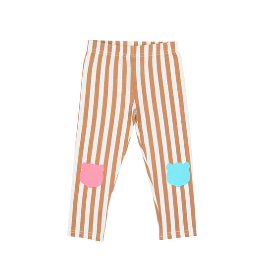 Kids Brown Striped Leggings with Panda Patches by Le Petit Society